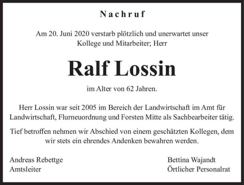  Traueranzeige für Ralf Lossin  vom 07.07.2020 aus Magdeburger Volksstimme