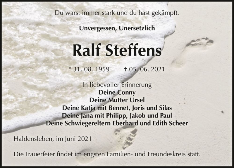  Traueranzeige für Ralf Steffens  vom 12.06.2021 aus Magdeburger Volksstimme