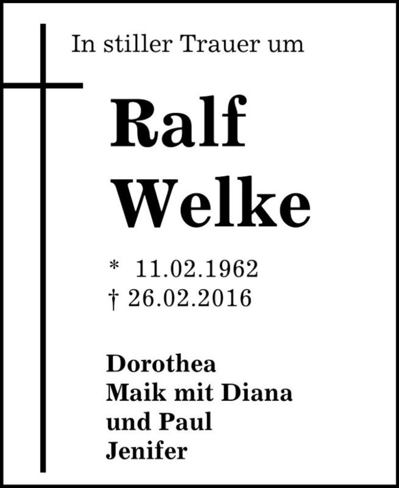  Traueranzeige für Ralf Welke  vom 05.03.2016 aus Magdeburger Volksstimme