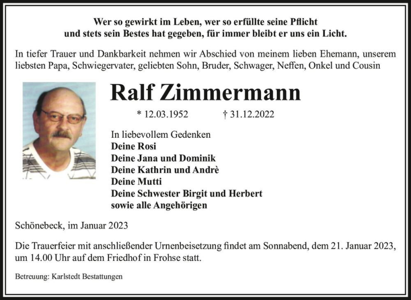  Traueranzeige für Ralf Zimmermann  vom 07.01.2023 aus Magdeburger Volksstimme