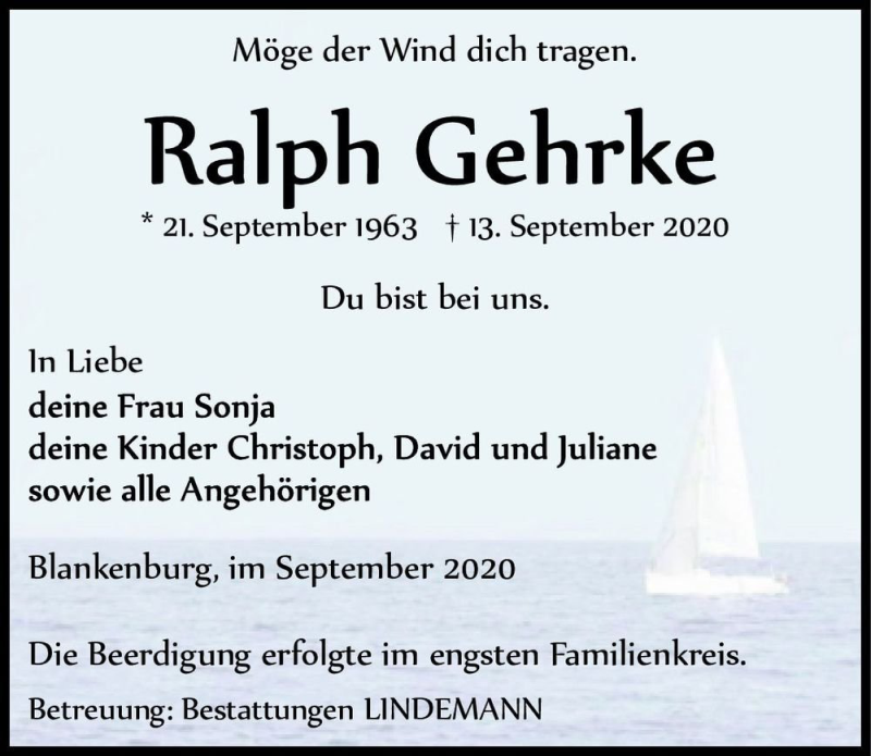  Traueranzeige für Ralph Gehrke  vom 02.10.2020 aus Magdeburger Volksstimme