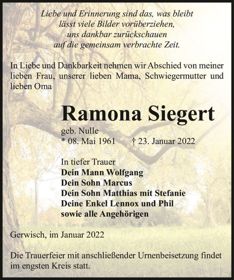  Traueranzeige für Ramona Siegert (geb. Nulle)  vom 29.01.2022 aus Magdeburger Volksstimme