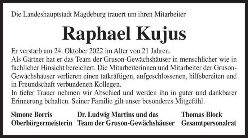  Traueranzeige für Raphael Kujus  vom 05.11.2022 aus Magdeburger Volksstimme