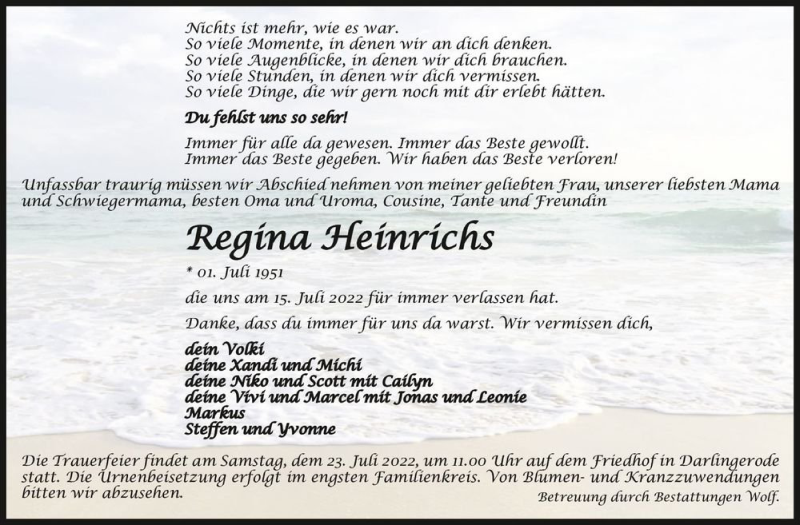  Traueranzeige für Regina Heinrichs  vom 20.07.2022 aus Magdeburger Volksstimme