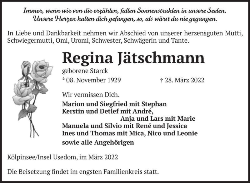  Traueranzeige für Regina Jätschmann (geb. Starck)  vom 02.04.2022 aus Magdeburger Volksstimme