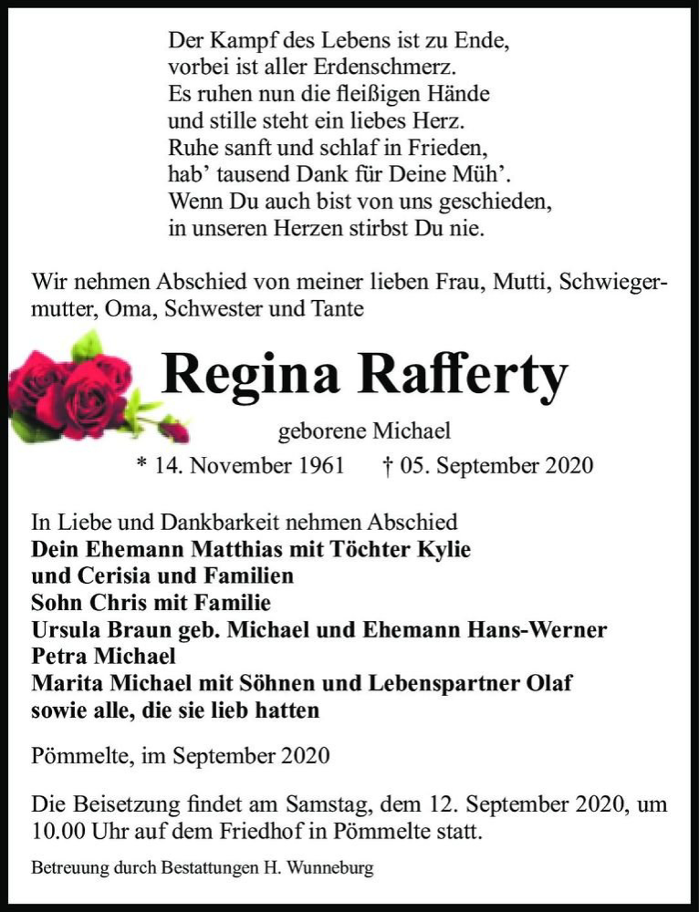  Traueranzeige für Regina Rafferty (geb. Michael)  vom 09.09.2020 aus Magdeburger Volksstimme