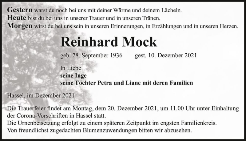  Traueranzeige für Reinhard Mock  vom 16.12.2021 aus Magdeburger Volksstimme
