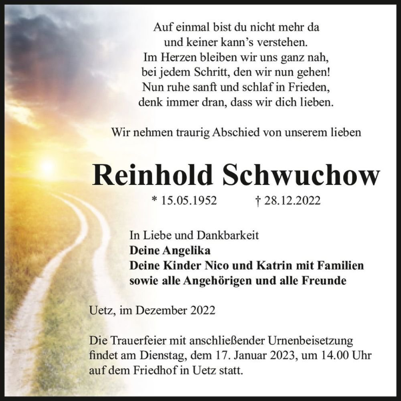  Traueranzeige für Reinhold Schwuchow  vom 07.01.2023 aus Magdeburger Volksstimme