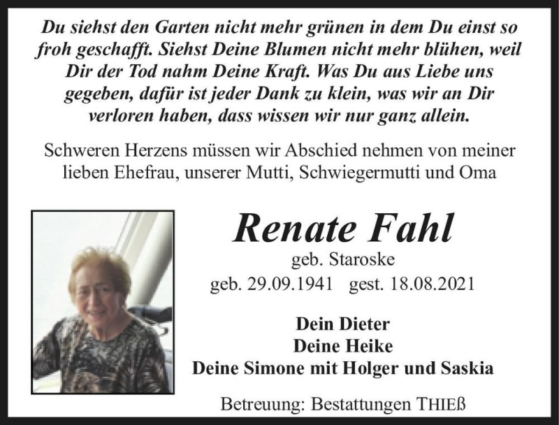  Traueranzeige für Renate Fahl (geb. Staroske)  vom 28.08.2021 aus Magdeburger Volksstimme