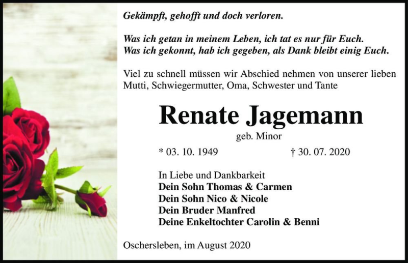  Traueranzeige für Renate Jagemann (geb. Minor)  vom 15.08.2020 aus Magdeburger Volksstimme