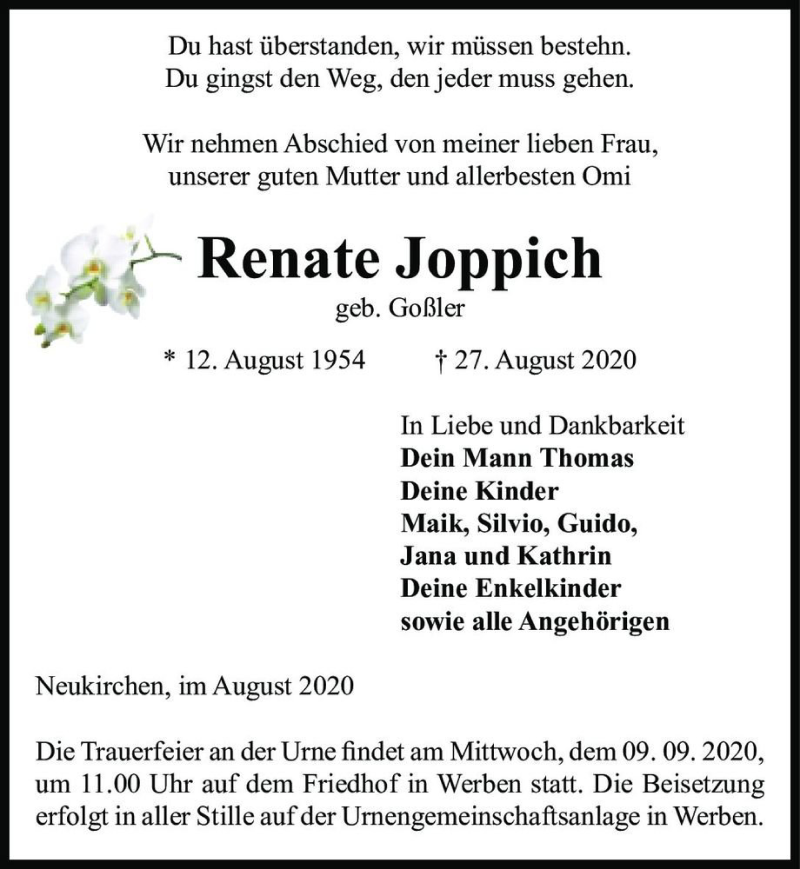  Traueranzeige für Renate Joppich (geb. Goßler)  vom 02.09.2020 aus Magdeburger Volksstimme