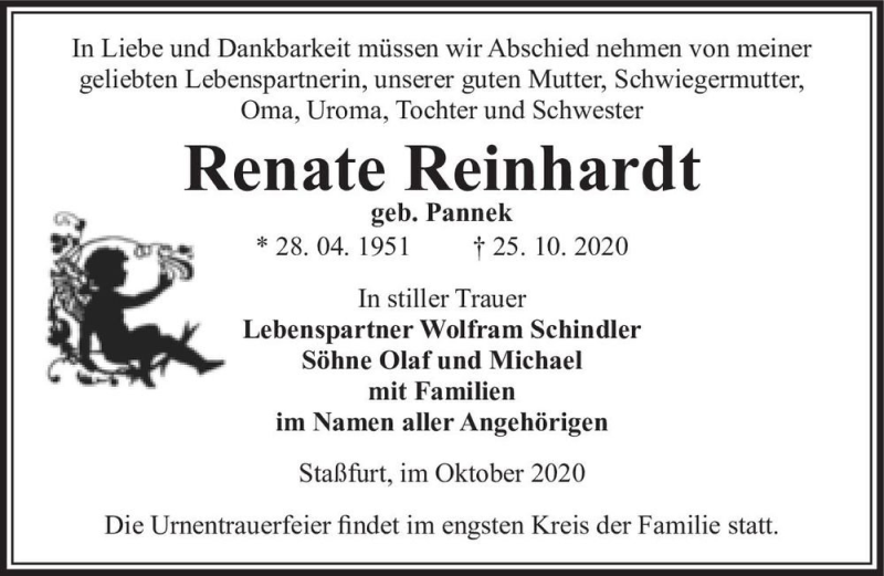  Traueranzeige für Renate Reinhardt (geb. Pannek)  vom 07.11.2020 aus Magdeburger Volksstimme