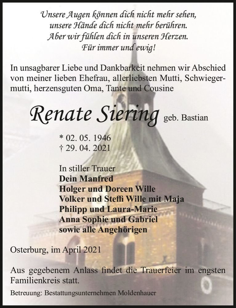  Traueranzeige für Renate Siering (geb. Bastian)  vom 05.05.2021 aus Magdeburger Volksstimme