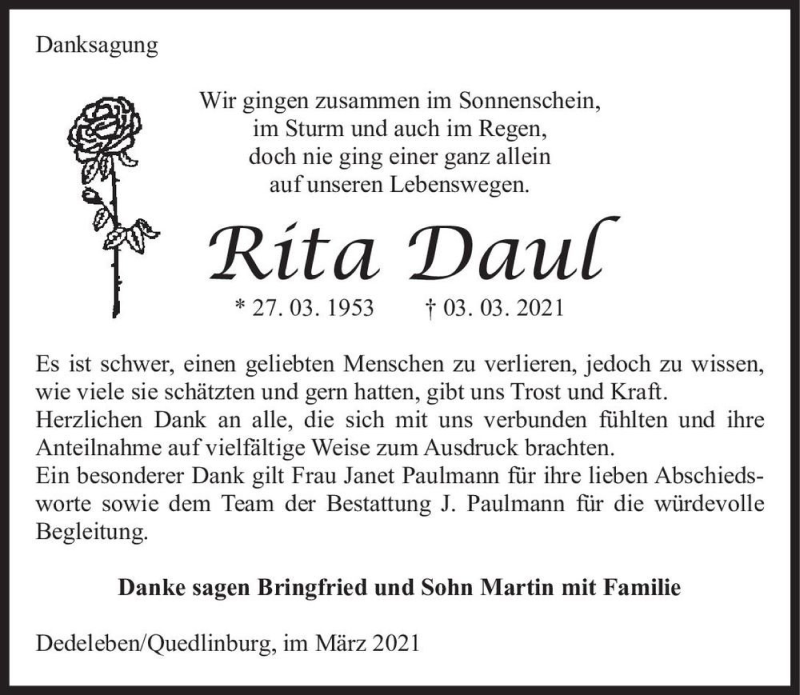  Traueranzeige für Rita Daul  vom 03.04.2021 aus Magdeburger Volksstimme