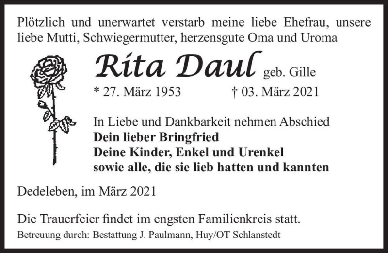  Traueranzeige für Rita Daul (geb. Gille)  vom 13.03.2021 aus Magdeburger Volksstimme