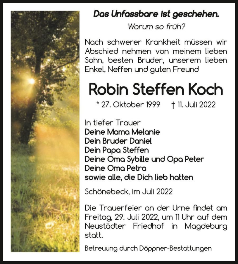  Traueranzeige für Robin Steffen Koch  vom 16.07.2022 aus Magdeburger Volksstimme