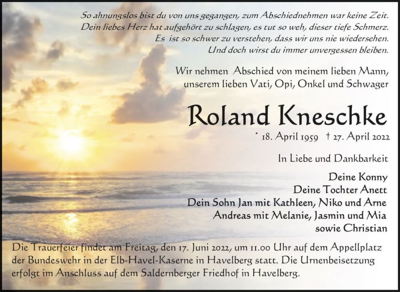  Traueranzeige für Roland Kneschke  vom 14.05.2022 aus Magdeburger Volksstimme