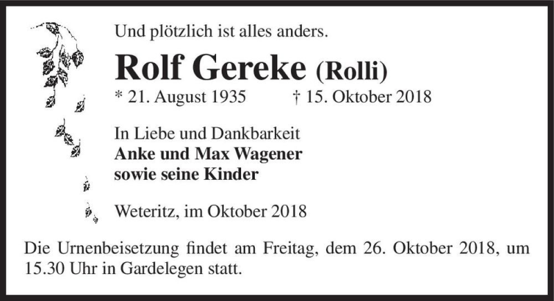  Traueranzeige für Rolf Gereke (Rolli)  vom 20.10.2018 aus Magdeburger Volksstimme