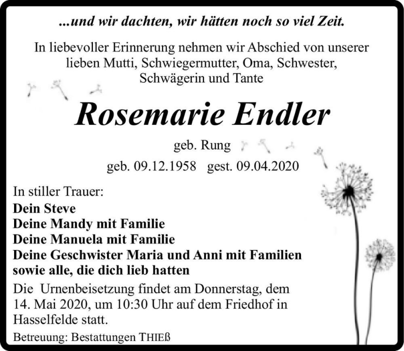  Traueranzeige für Rosemarie Endler (geb. Rung)  vom 02.05.2020 aus Magdeburger Volksstimme