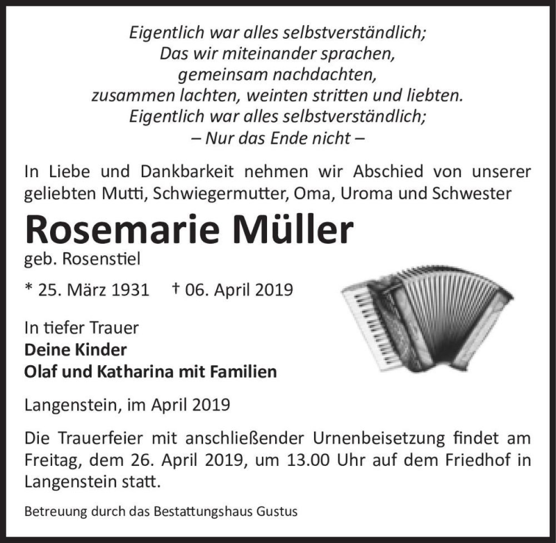  Traueranzeige für Rosemarie Müller (geb. Rosenstiel)  vom 13.04.2019 aus Magdeburger Volksstimme