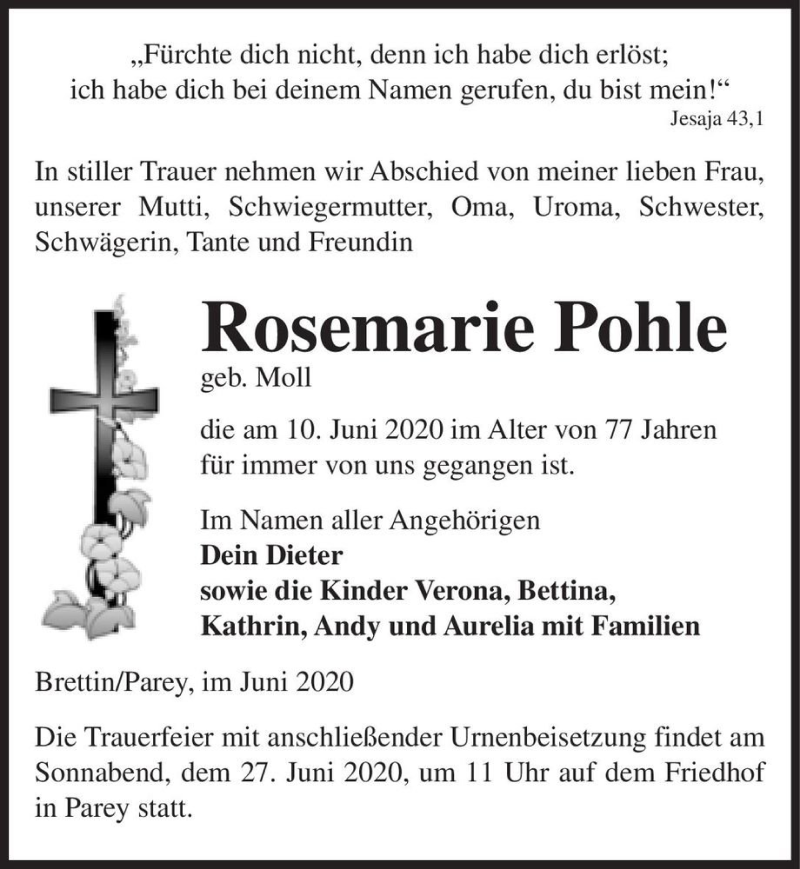  Traueranzeige für Rosemarie Pohle (geb. Moll)  vom 13.06.2020 aus Magdeburger Volksstimme
