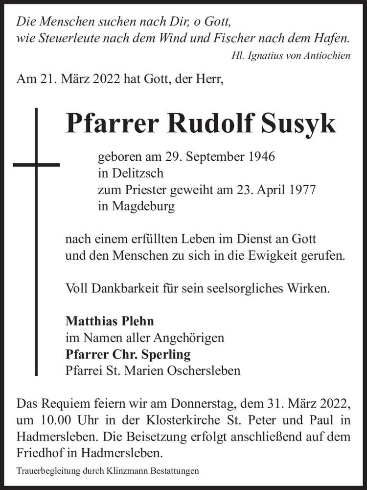  Traueranzeige für Rudolf Susyk  vom 26.03.2022 aus Magdeburger Volksstimme