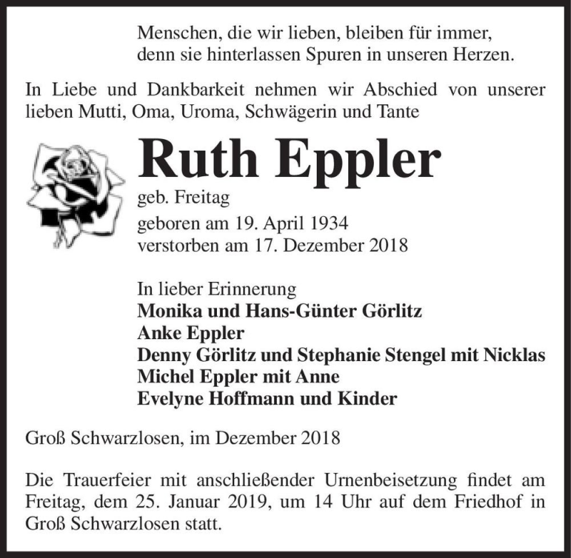 Traueranzeige für Ruth Eppler (geb. Freitag)  vom 29.12.2018 aus Magdeburger Volksstimme