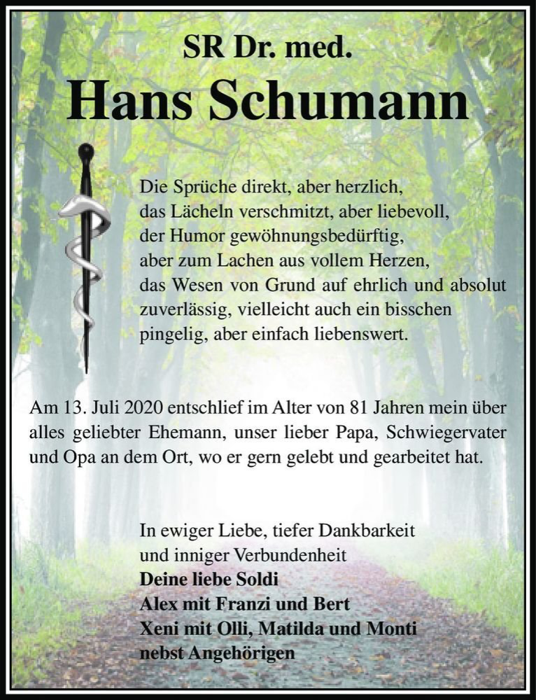  Traueranzeige für SR Dr. med. Hans Schumann  vom 16.07.2020 aus Magdeburger Volksstimme