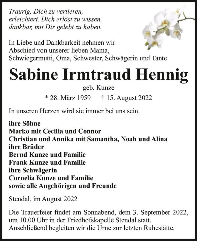  Traueranzeige für Sabine Irmtraud Hennig (geb. Kunze)  vom 27.08.2022 aus Magdeburger Volksstimme