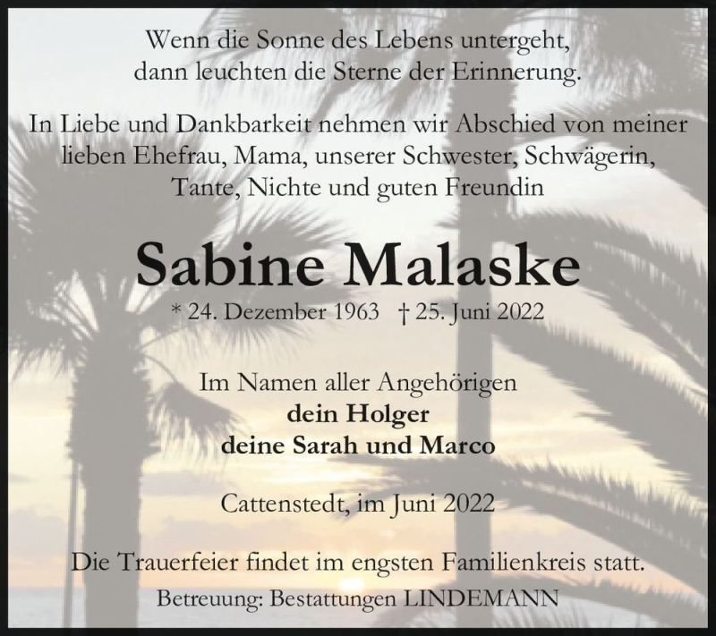  Traueranzeige für Sabine Malaske  vom 02.07.2022 aus Magdeburger Volksstimme