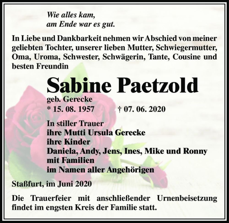  Traueranzeige für Sabine Paetzold (geb. Gerecke)  vom 13.06.2020 aus Magdeburger Volksstimme