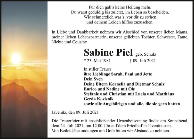  Traueranzeige für Sabine Piel (geb. Schulz)  vom 15.07.2021 aus Magdeburger Volksstimme