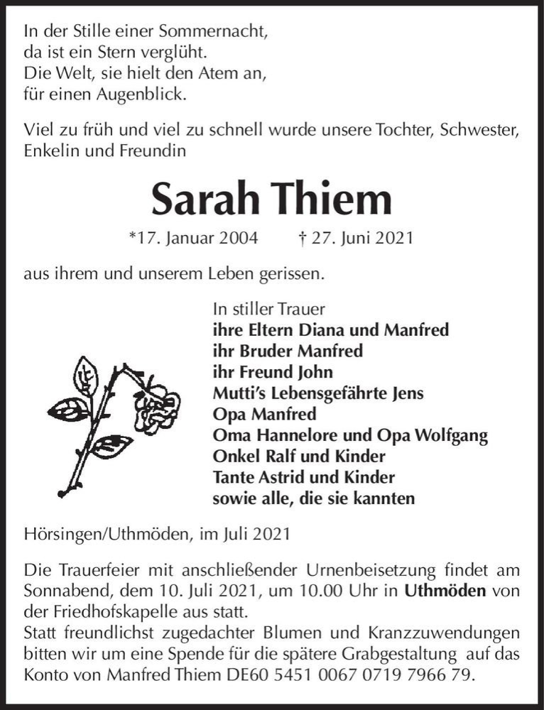  Traueranzeige für Sarah Thiem  vom 03.07.2021 aus Magdeburger Volksstimme