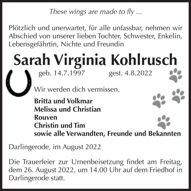  Traueranzeige für Sarah Virginia Kohlrusch  vom 13.08.2022 aus Magdeburger Volksstimme