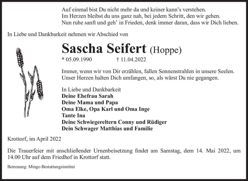  Traueranzeige für Sascha Seifert (Hoppe)  vom 29.04.2022 aus Magdeburger Volksstimme