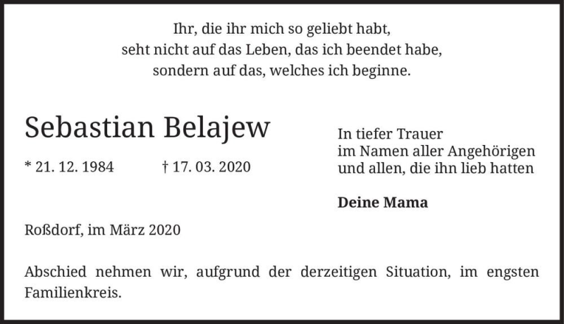  Traueranzeige für Sebastian Belajew  vom 28.03.2020 aus Magdeburger Volksstimme