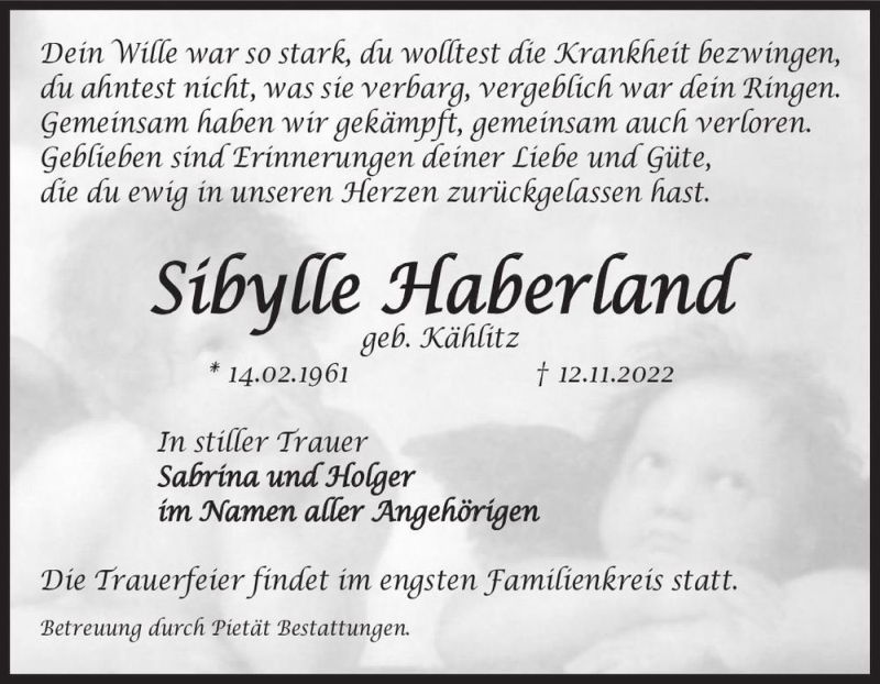  Traueranzeige für Sibylle Haberland (geb. Kählitz)  vom 19.11.2022 aus Magdeburger Volksstimme