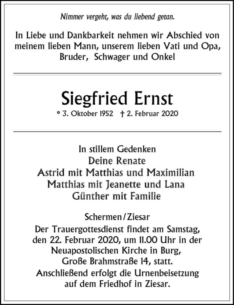  Traueranzeige für Siegfried Ernst  vom 08.02.2020 aus Magdeburger Volksstimme