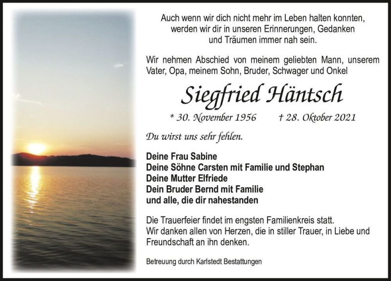  Traueranzeige für Siegfried Häntsch  vom 06.11.2021 aus Magdeburger Volksstimme