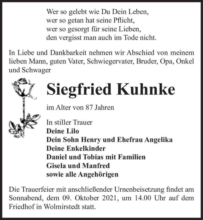  Traueranzeige für Siegfried Kuhnke  vom 02.10.2021 aus Magdeburger Volksstimme