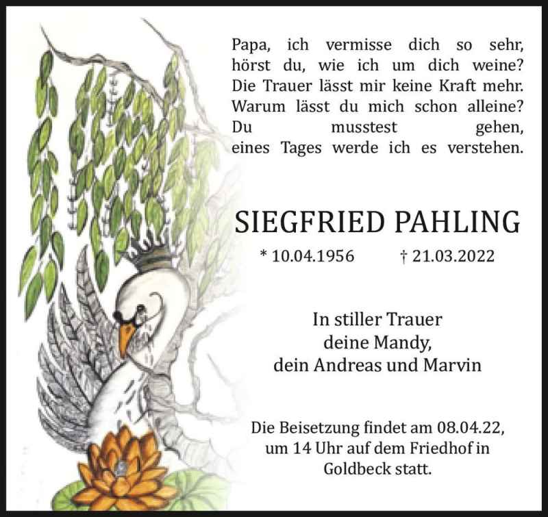  Traueranzeige für Siegfried Pahling  vom 02.04.2022 aus Magdeburger Volksstimme