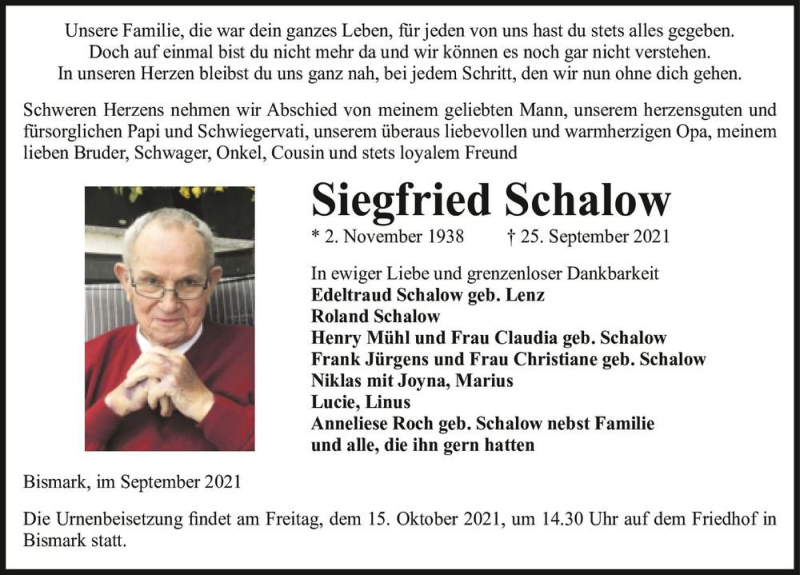  Traueranzeige für Siegfried Schalow  vom 02.10.2021 aus Magdeburger Volksstimme