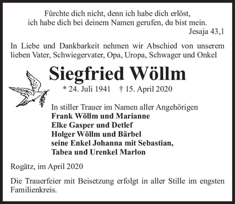  Traueranzeige für Siegfried Wöllm  vom 18.04.2020 aus Magdeburger Volksstimme