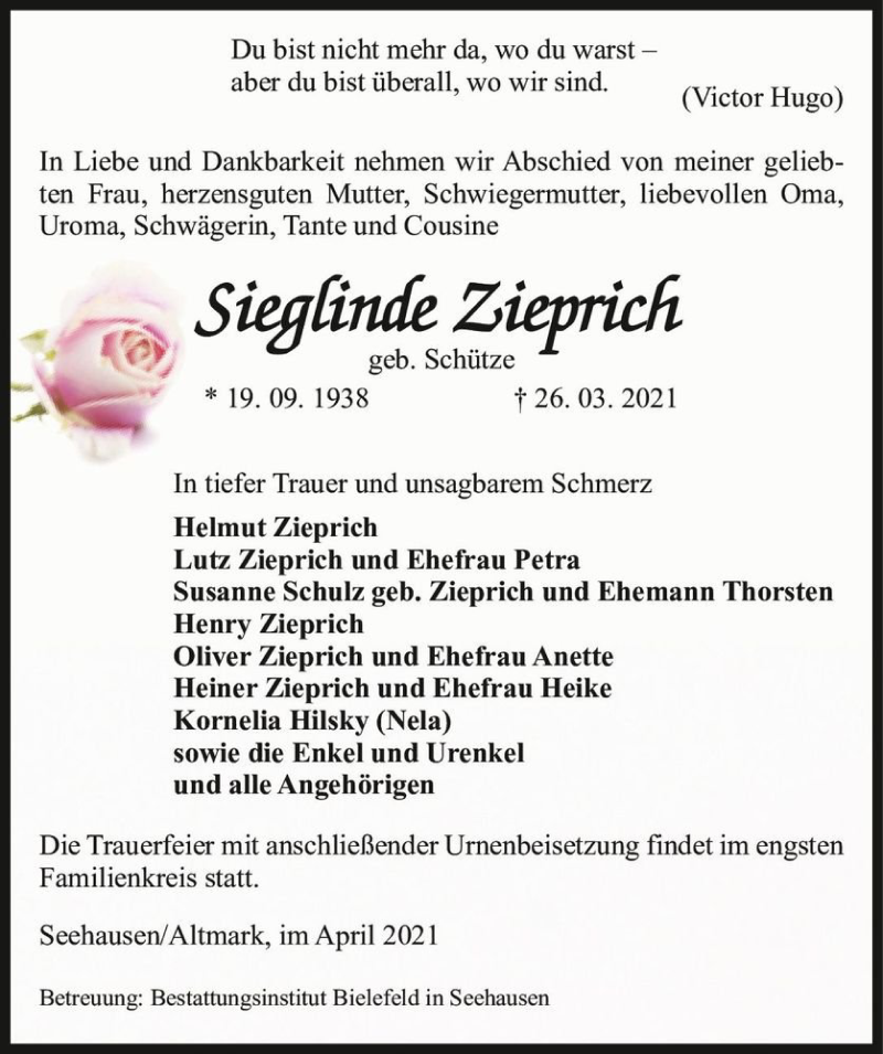  Traueranzeige für Sieglinde Zieprich (geb. Schütze)  vom 10.04.2021 aus Magdeburger Volksstimme