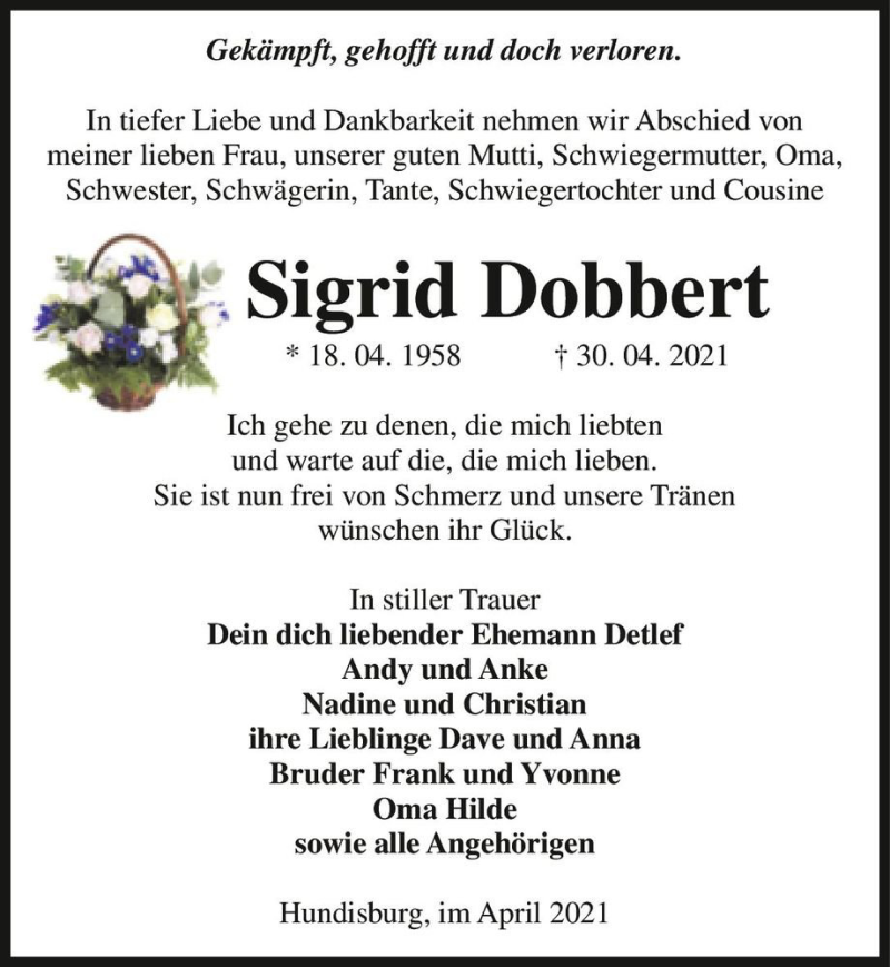  Traueranzeige für Sigrid Dobbert  vom 08.05.2021 aus Magdeburger Volksstimme