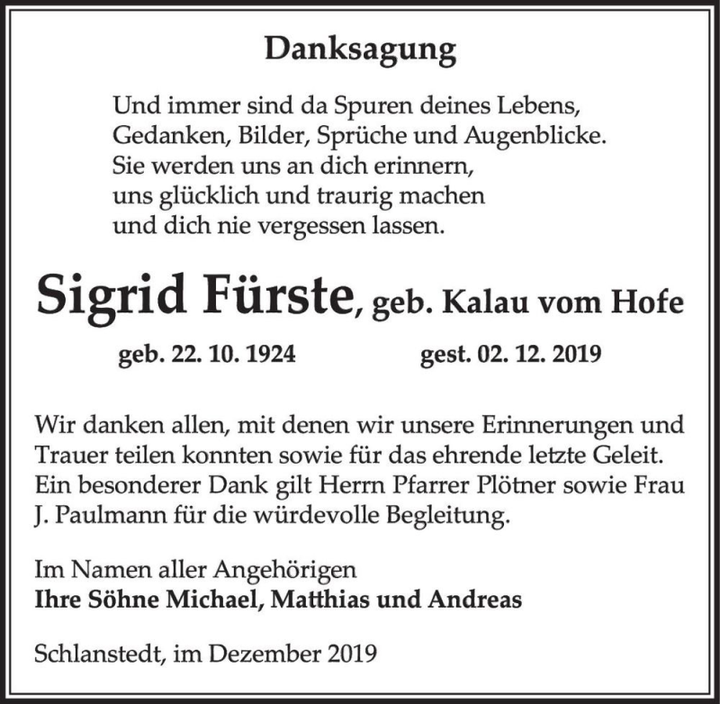  Traueranzeige für Sigrid Fürste (geb. Kalau vom Hofe)  vom 14.12.2019 aus Magdeburger Volksstimme