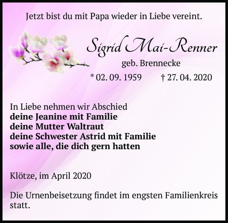  Traueranzeige für Sigrid Mai-Renner (geb. Brennecke)  vom 29.04.2020 aus Magdeburger Volksstimme