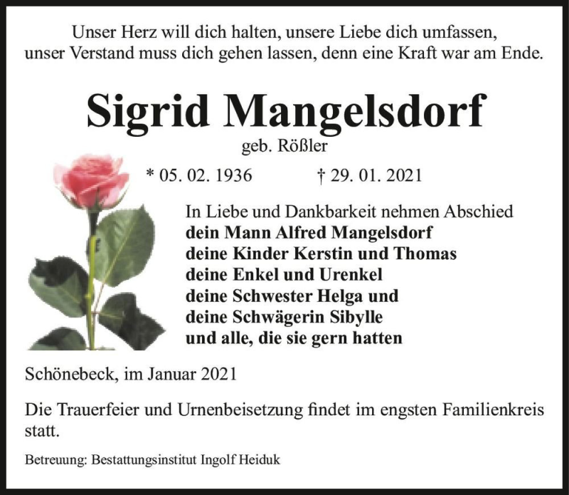  Traueranzeige für Sigrid Mangelsdorf (geb. Rößler)  vom 06.02.2021 aus Magdeburger Volksstimme