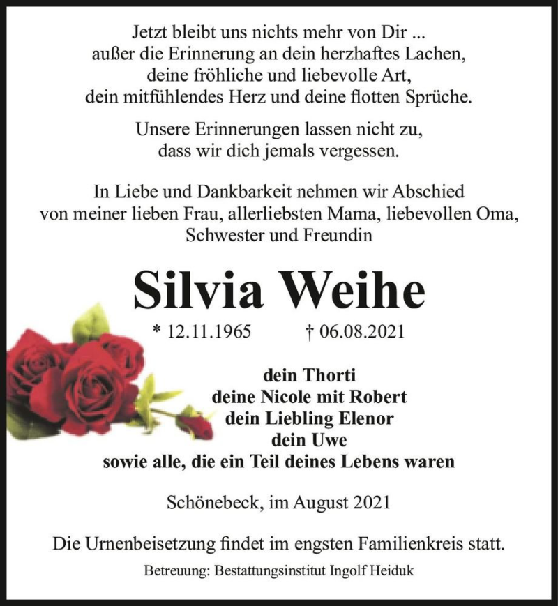  Traueranzeige für Silvia Weihe  vom 14.08.2021 aus Magdeburger Volksstimme