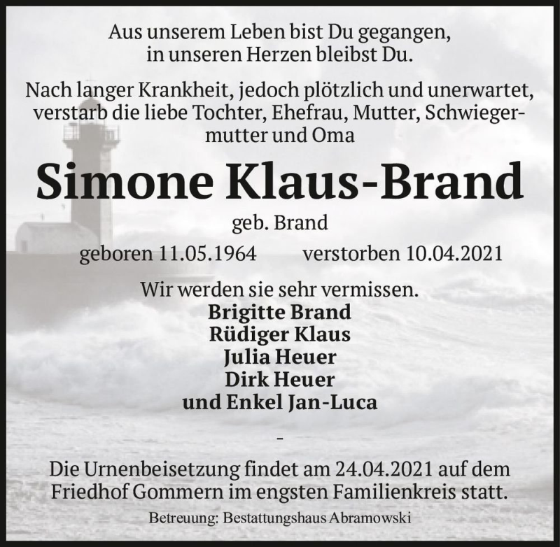  Traueranzeige für Simone Klaus-Brand (geb. Brand)  vom 15.04.2021 aus Magdeburger Volksstimme